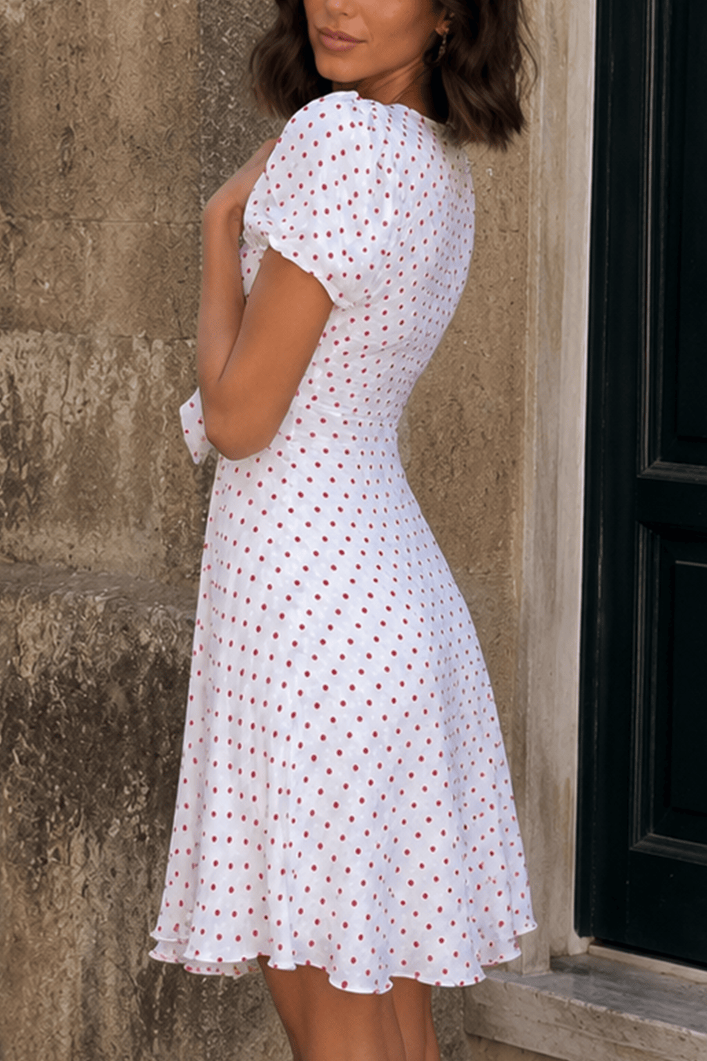 Sexy Deep V Puff Sleeve High Waist Polka Dot Mini Dress