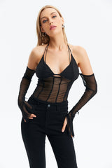 Lace Up Halter Neck Mesh Splicing Long Sleeve Top