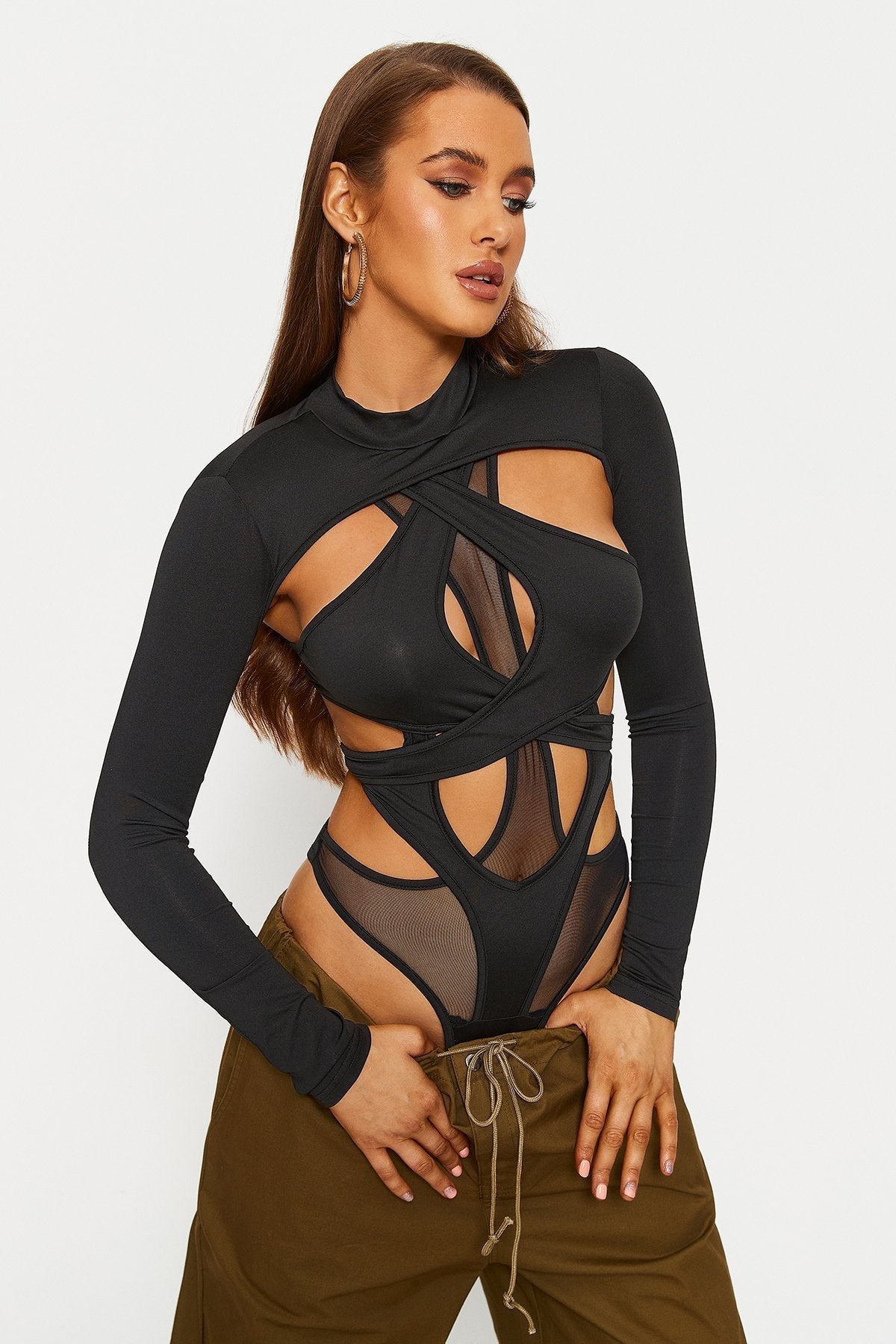 Cut Out Cross Over Tie Back Long Sleeve Bodysuit