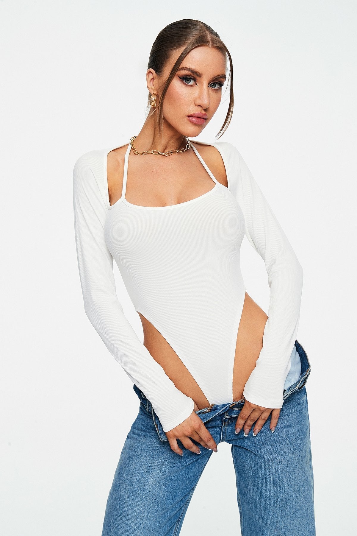 Cut Out Long Sleeve Bodycon Solid Bodysuit