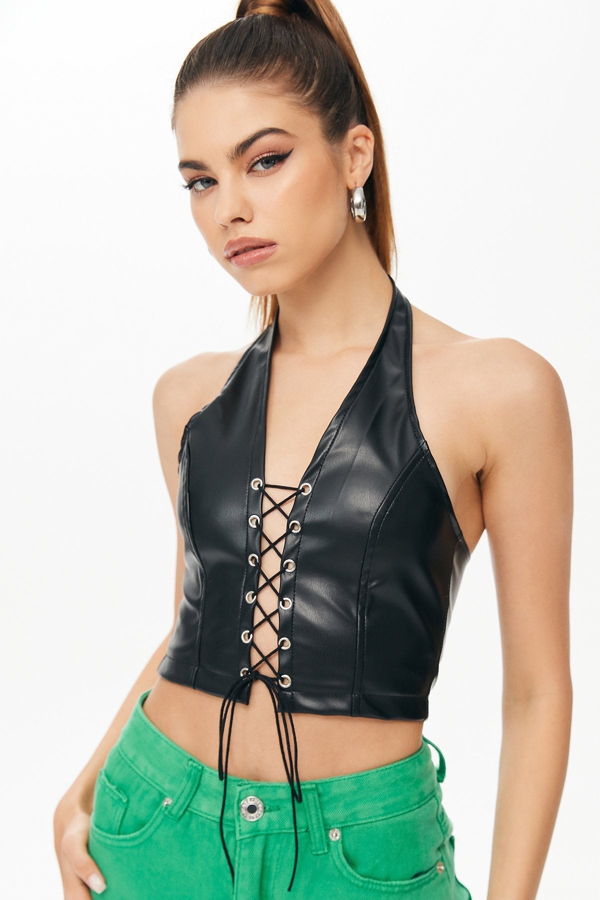 Lace Up Halter Neck PU Leather Crop Top