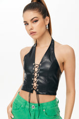 Lace Up Halter Neck PU Leather Crop Top