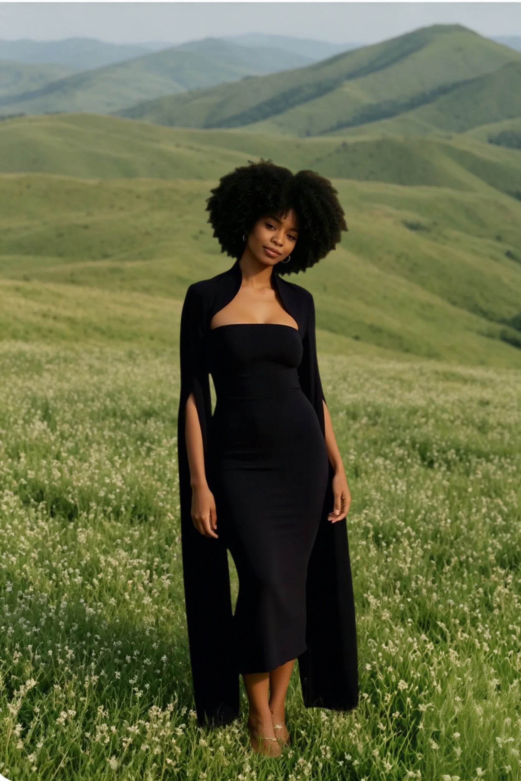 Cape Long Sleeve Back Slit Midi Dress