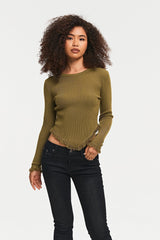 Ribbed Knit Asymmetrical Raw Hem Long Sleeve Sweater
