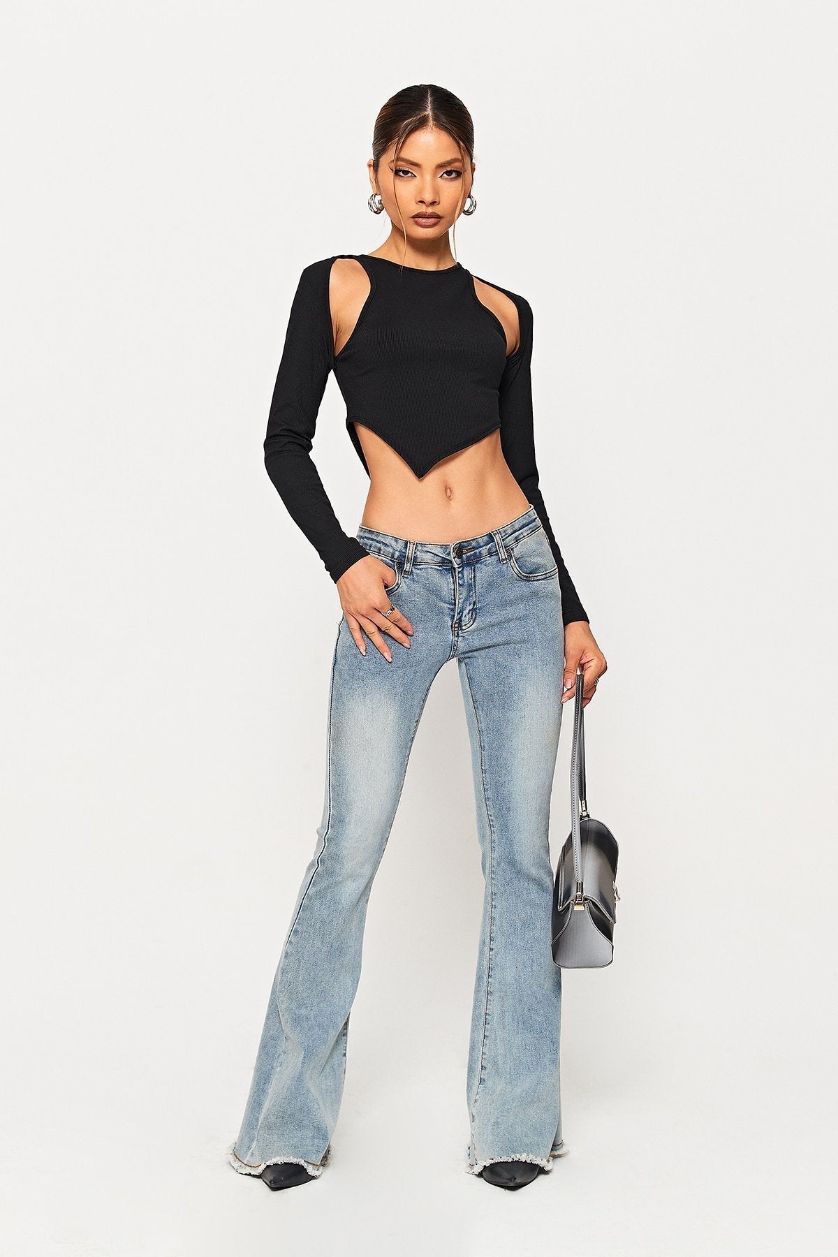 Cut Out Asymmetrical Hem Long Sleeve Top