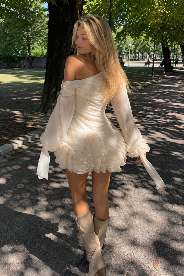 One Shoulder Ruffle Ruched Tulle Reception Dress