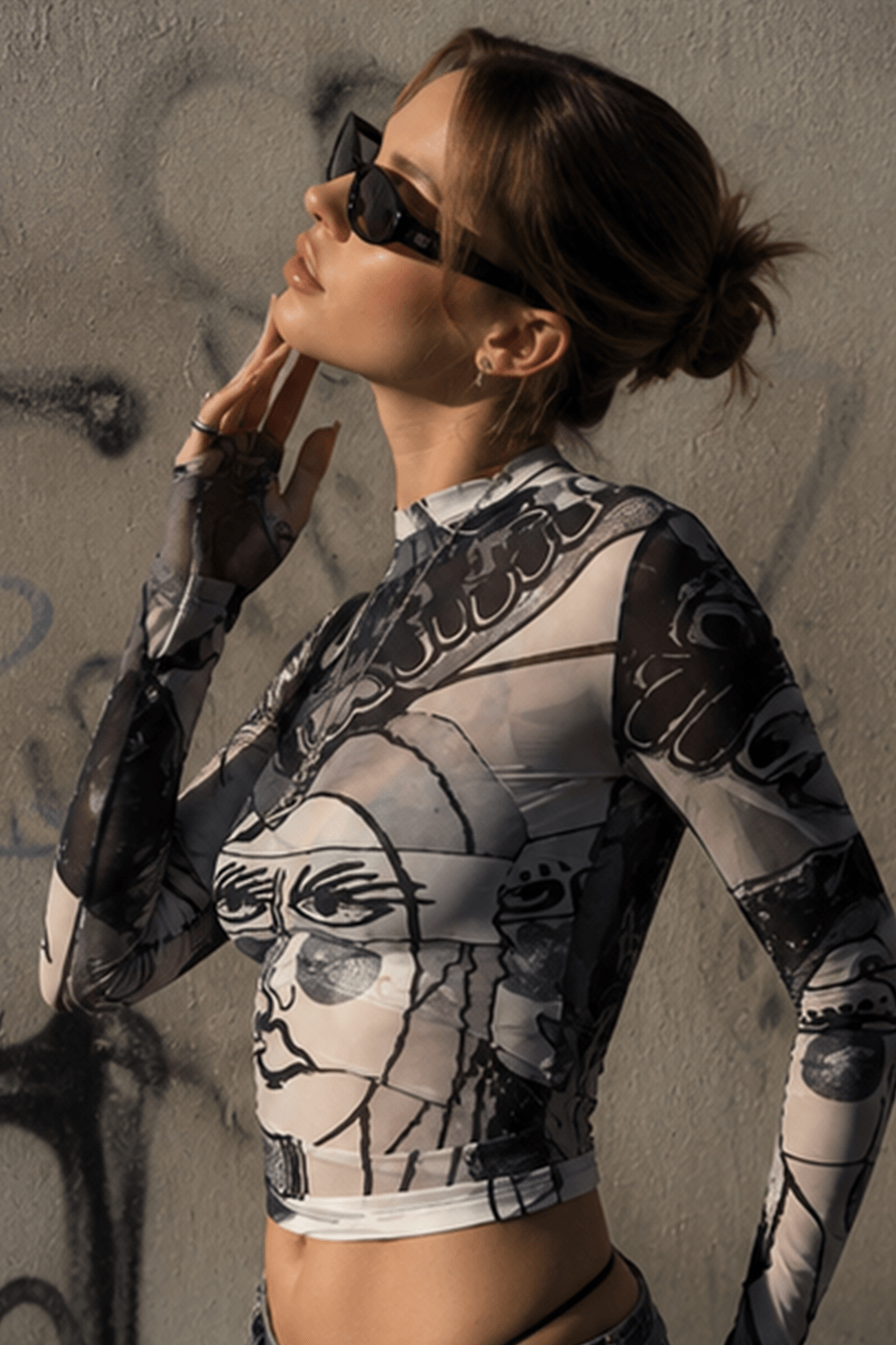 Sexy Sheer Mesh Print Round Neck Long Sleeve Blouse