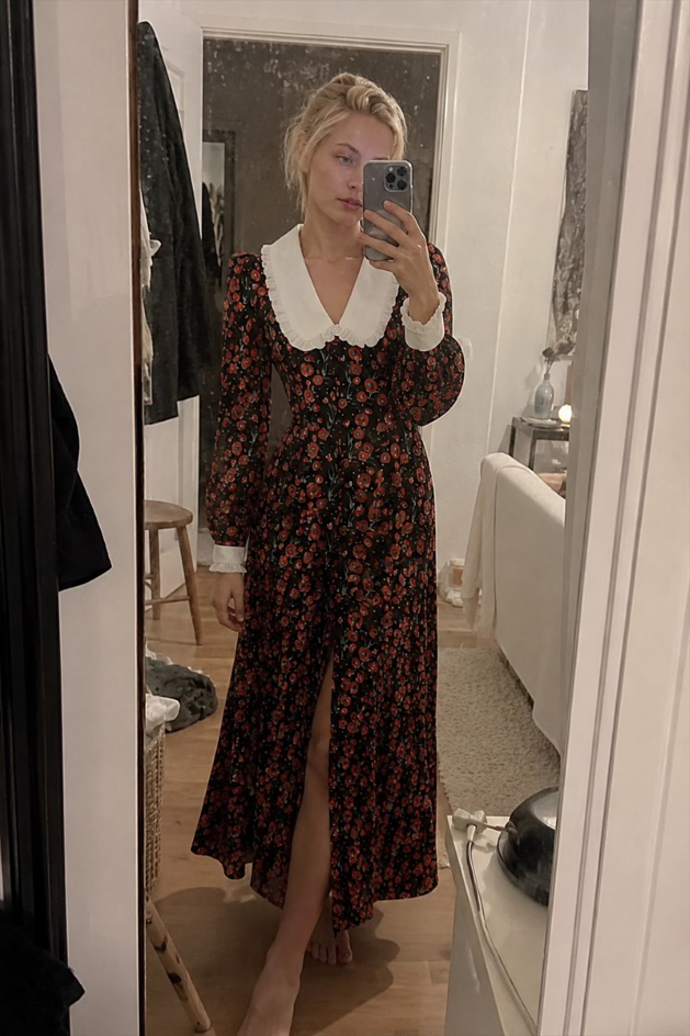 Collar Waist Cinched Stylish Floral Dress