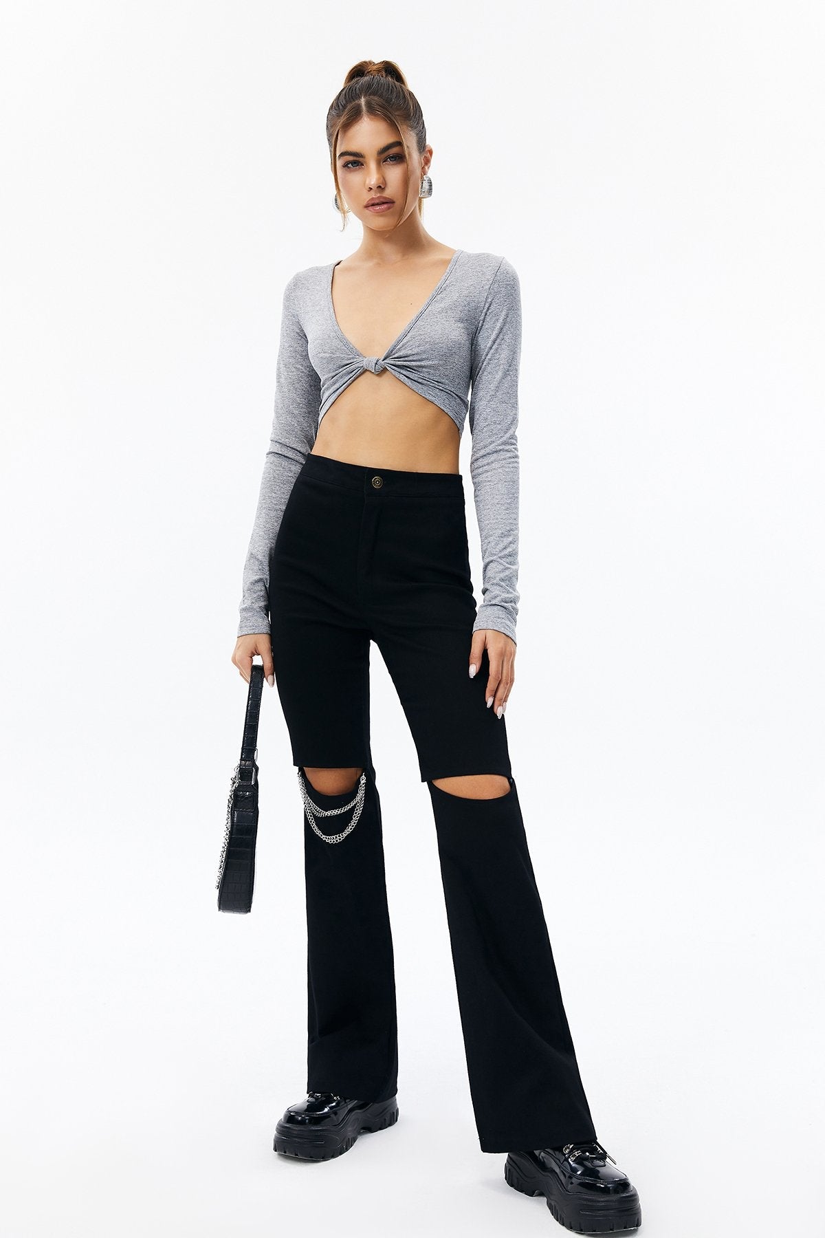 Chain Detail Distressed Straight Pants