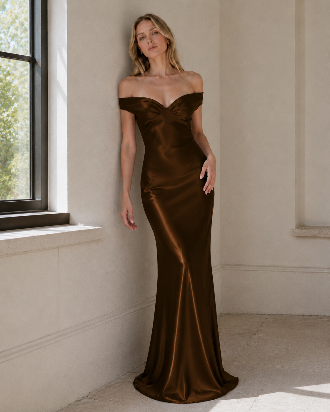 Vintage Satin Mermaid Off Shoulder Maxi Dress