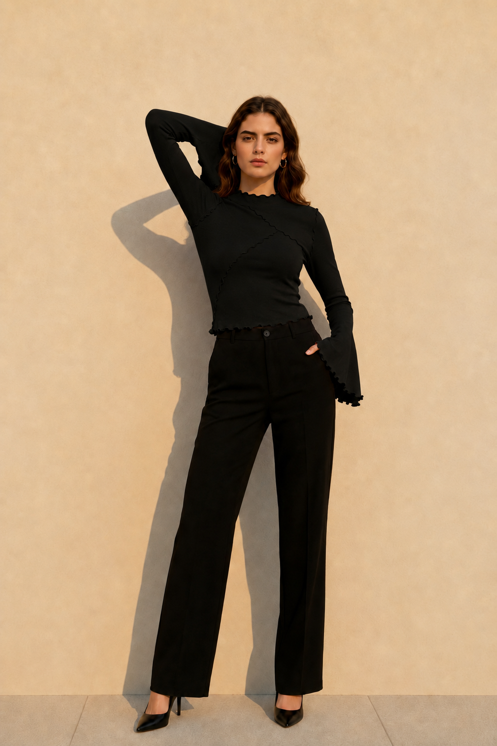Solid Mock Neck Paneled Ruffled Long Sleeve Tee