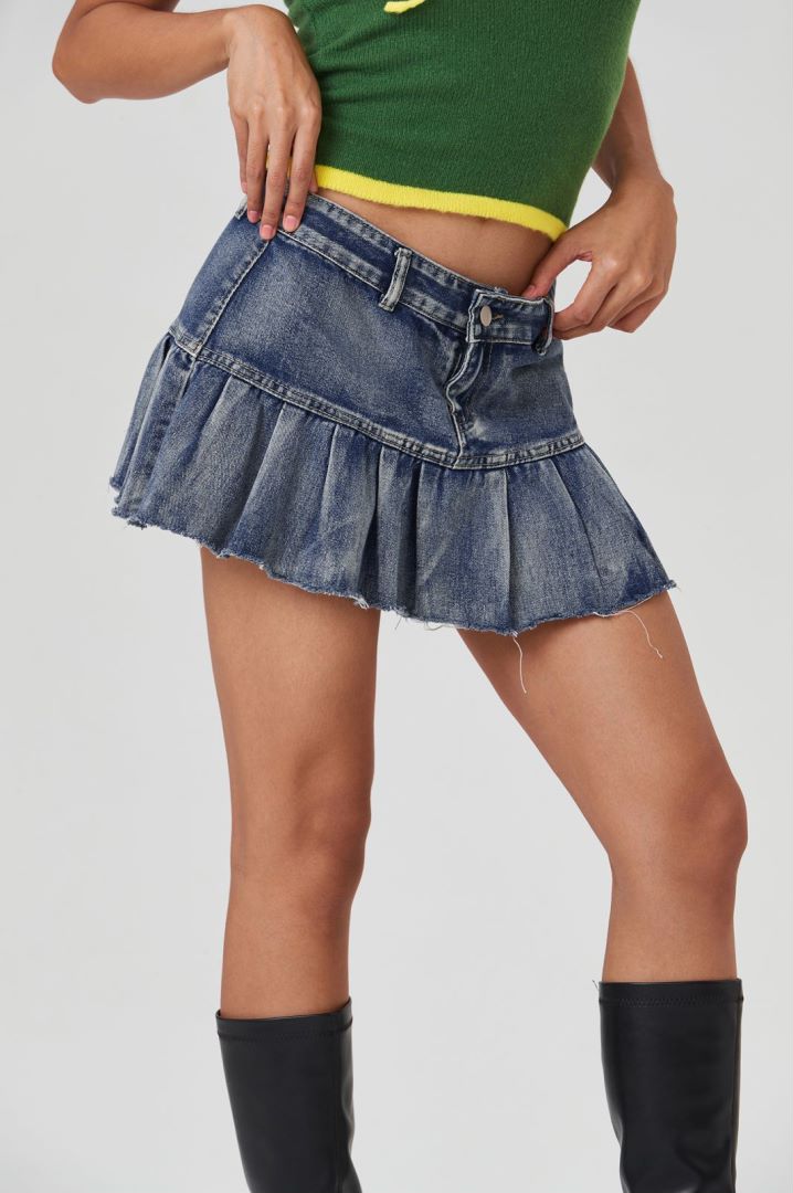 Low Waist Washed Pleated Mini Skirt