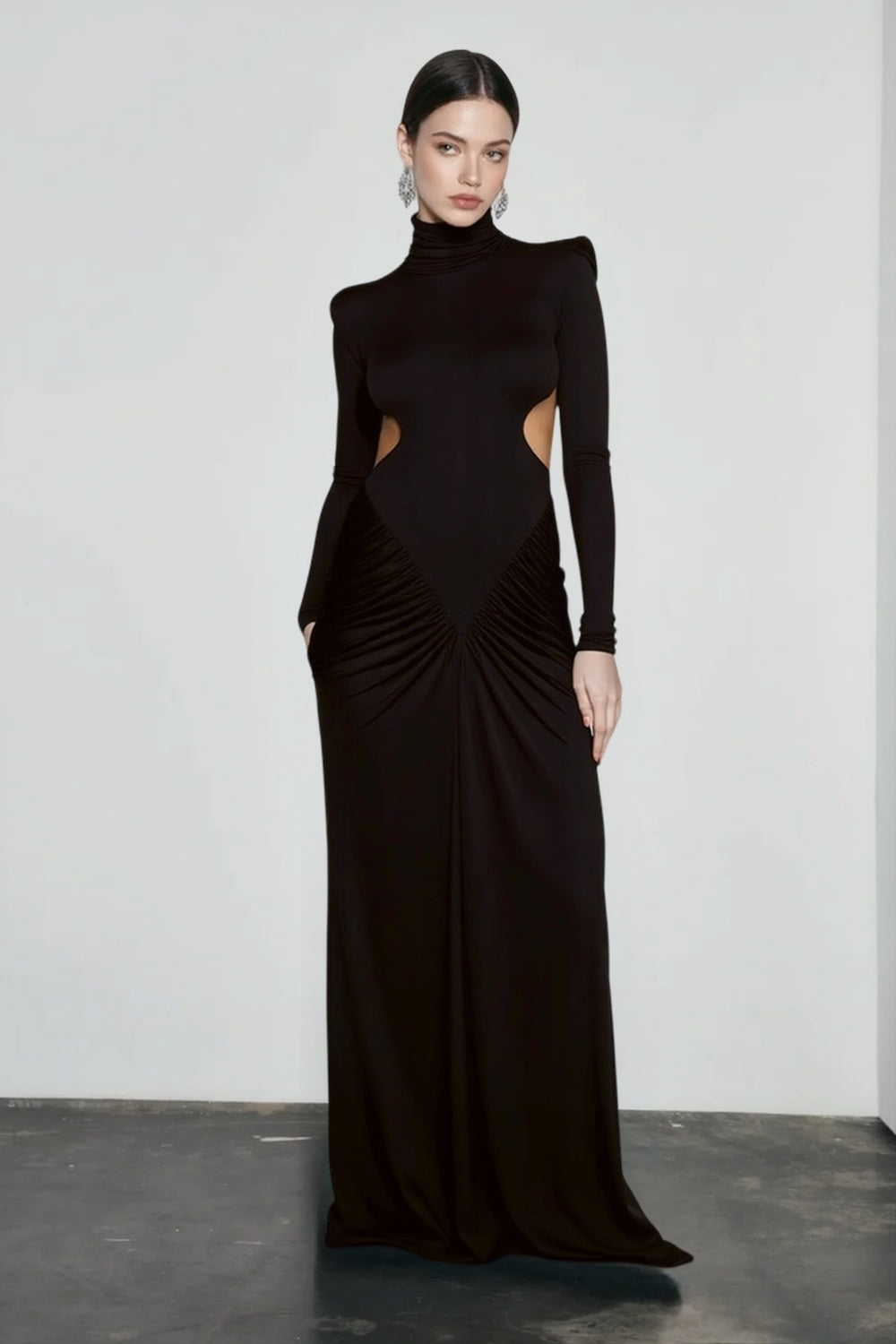 Slim Solid Long Sleeve High Neck Ruched Backless Formal Dress