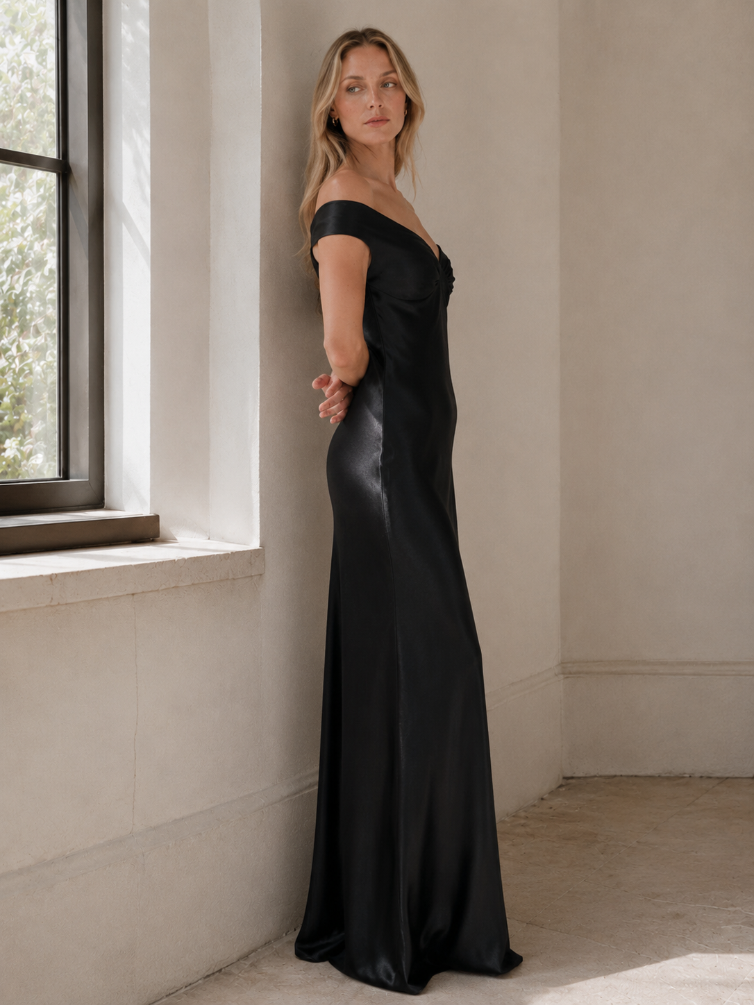 Vintage Satin Mermaid Off Shoulder Maxi Dress