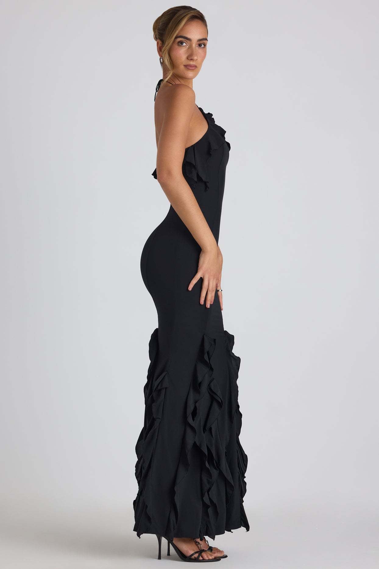 Ruffle-Trim Halterneck Gown