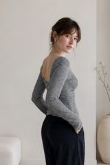 Basic Crew Neck Backless Striped Fitted Knit Blouse