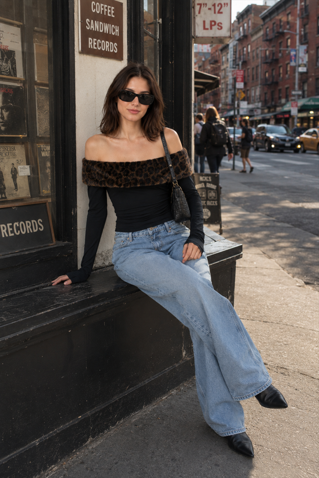 Sexy Asymmetric Fuzzy Off Shoulder Long Sleeve Tee