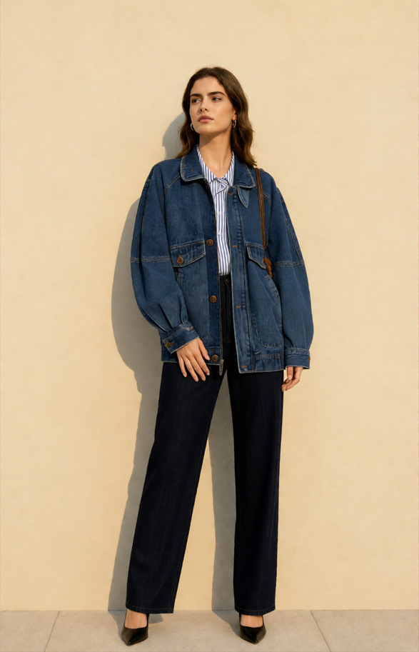 Stand Collar Washed Denim Utility Jacket
