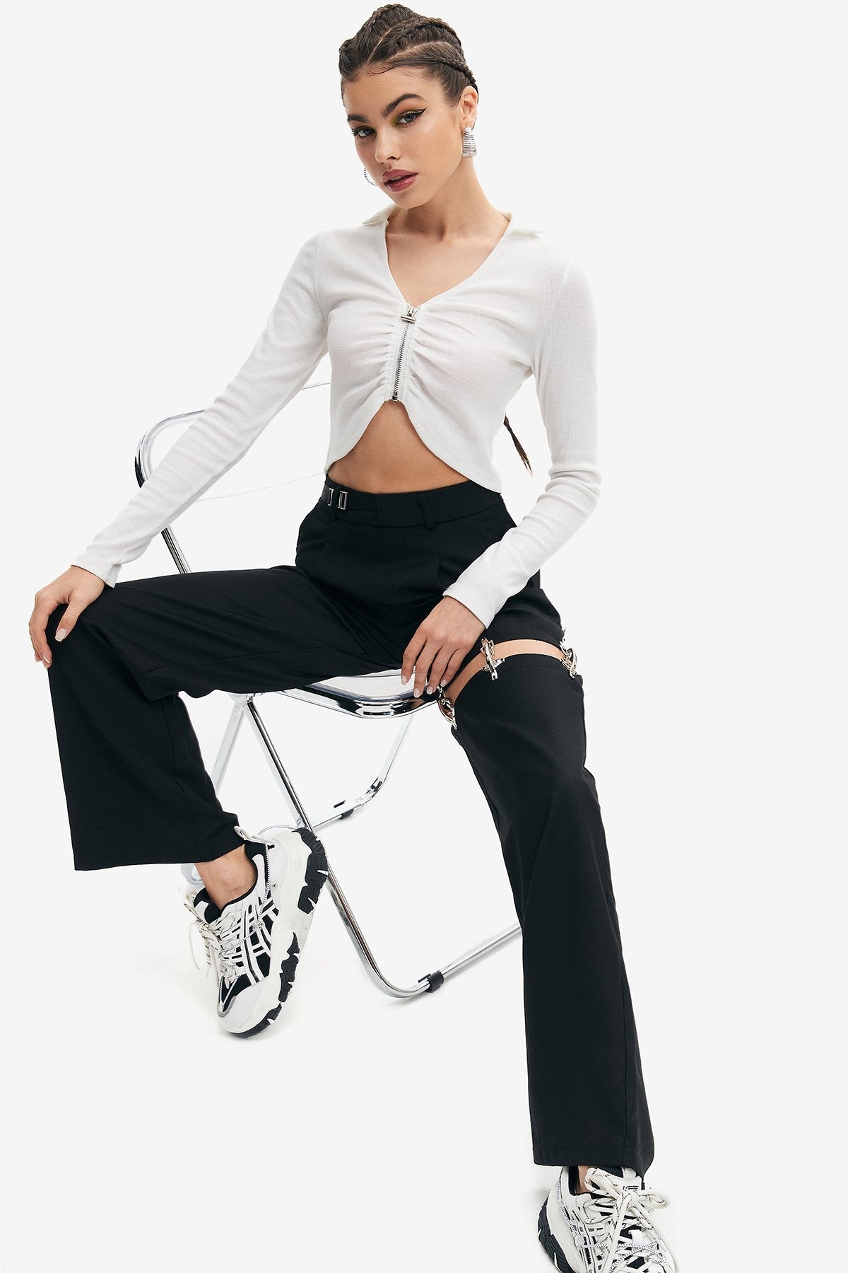 Chain Detail Cut Out Straight Pants