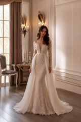 Lace Deep V Mermaid Detachable Train Wedding Dress