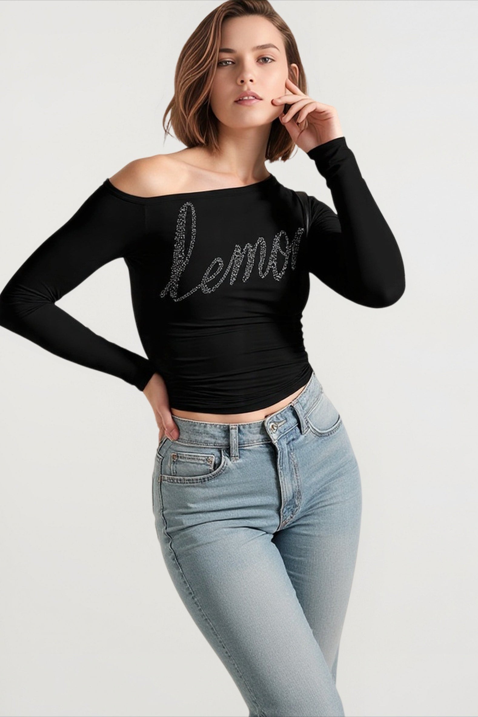 Off Shoulder Rhinestone Fitted T-shirts