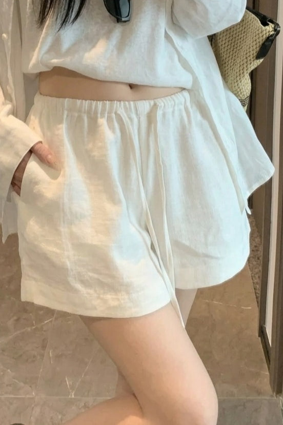 Washed White Linen Draped Loose Shorts Pants