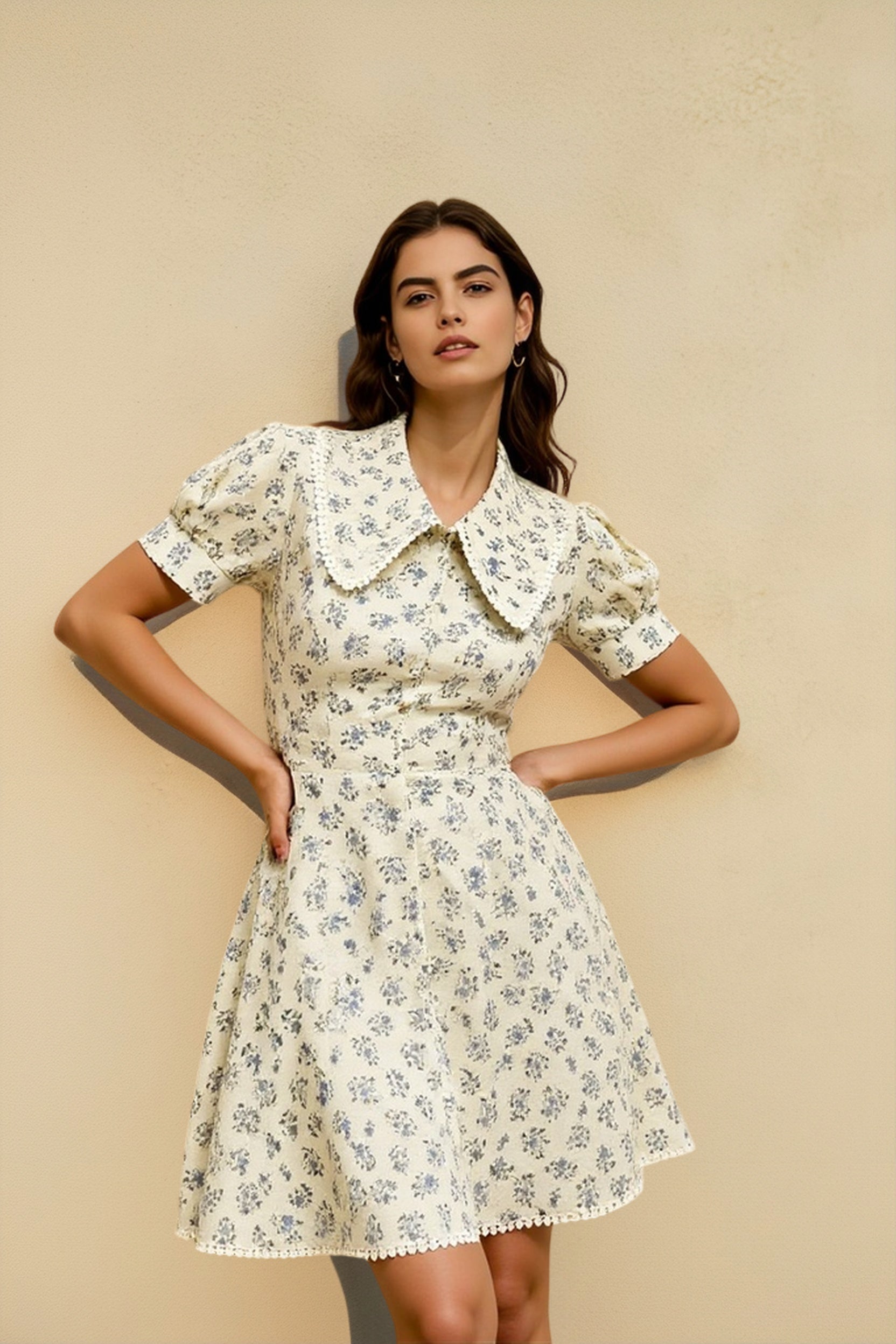 Floral Short Sleeve Peter Pan Collar Vacation Dress