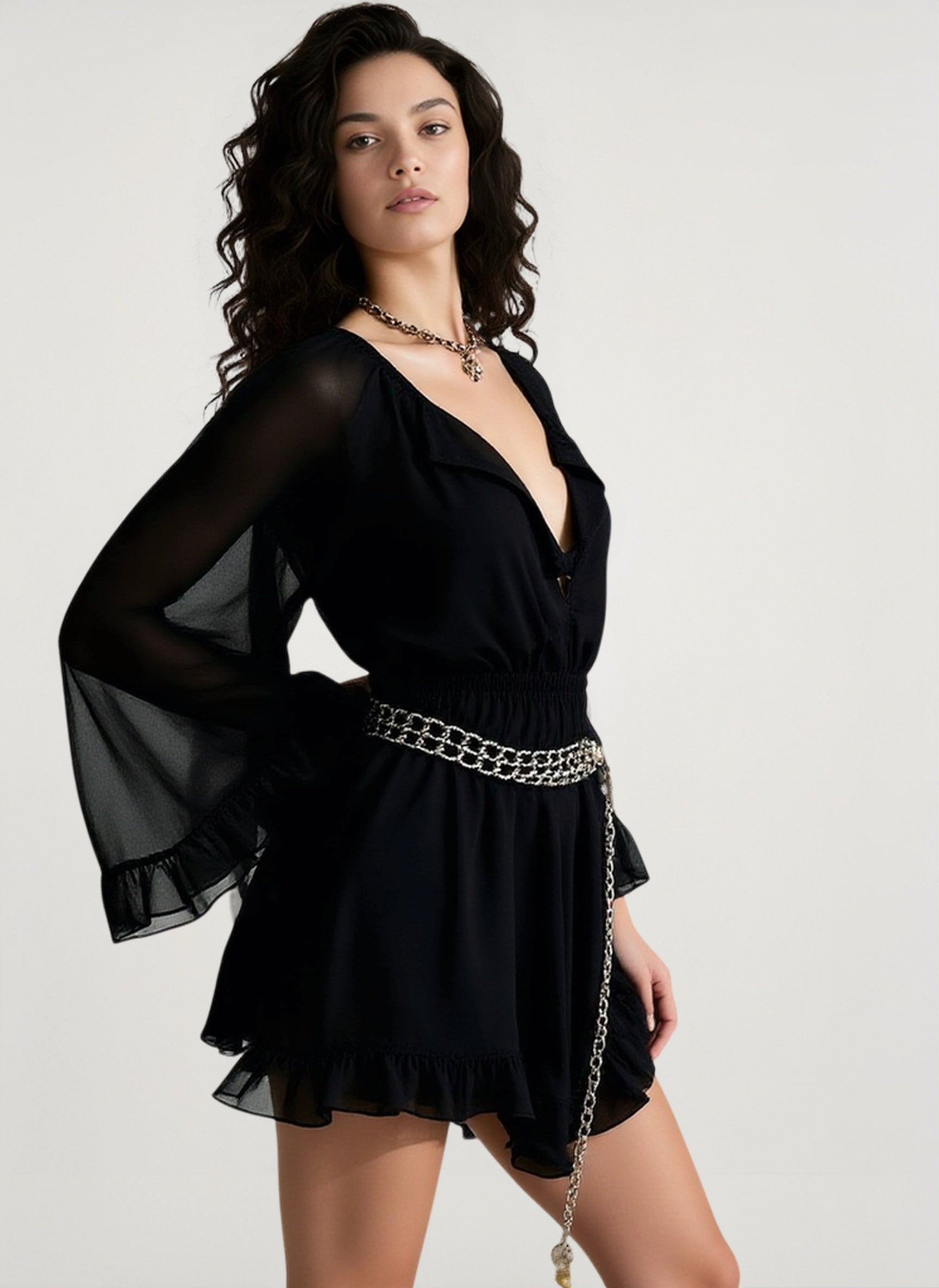 Black Mesh Sheer Ruched Waist Mini Dress
