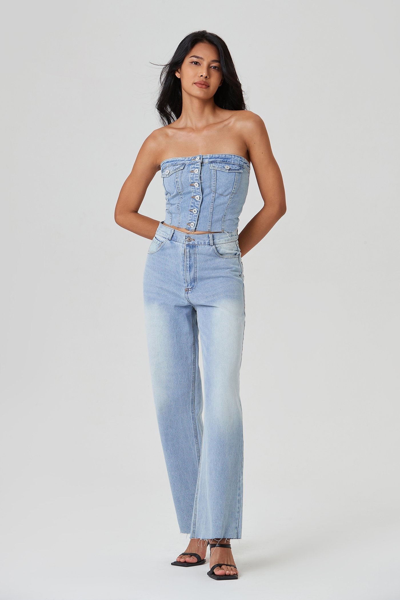 Off Shoulder Button Front Shirred Crop Top