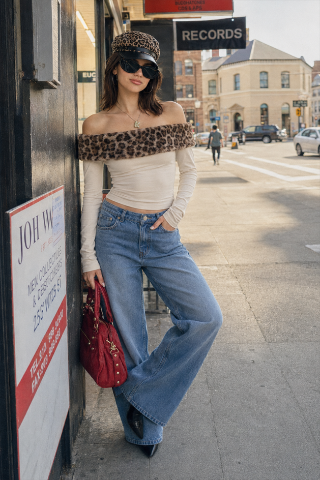 Sexy Asymmetric Fuzzy Off Shoulder Long Sleeve Tee