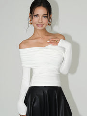 Semi-Sheer Plain Ruched Slim T-Shirt