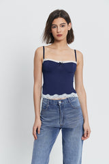 Colorblock Knot Front Floral Lace Trim Crop Top
