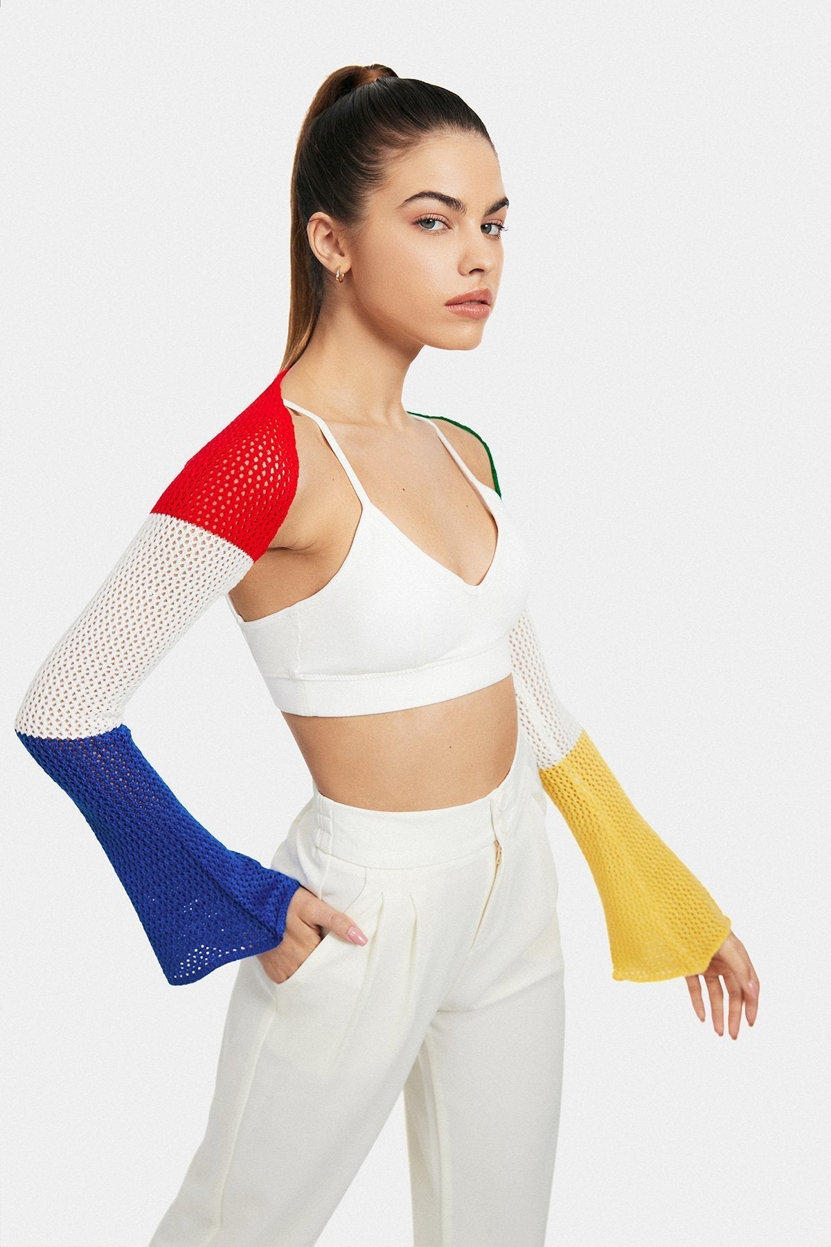Knitted Colorblock Long Sleeve Top Without Cami Top