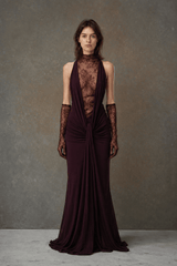 Lace Panel Halterneck Deep V Ruched Party Dress