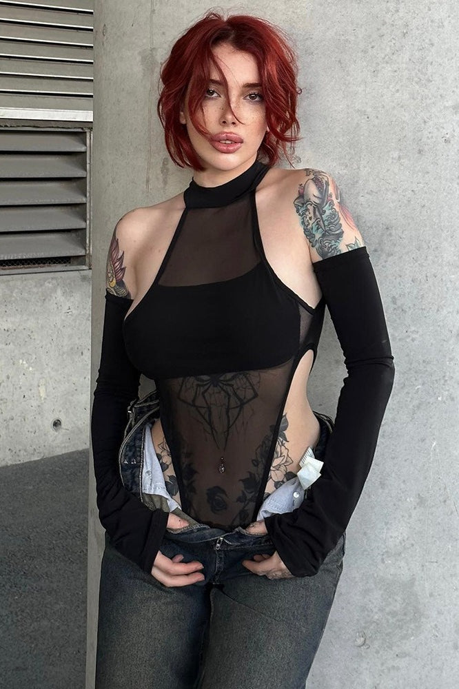 Mesh Cutout Stretch Long Sleeve Bodysuit