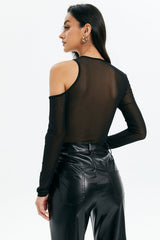 Mesh Cut Out Long Sleeve Solid Bodysuit