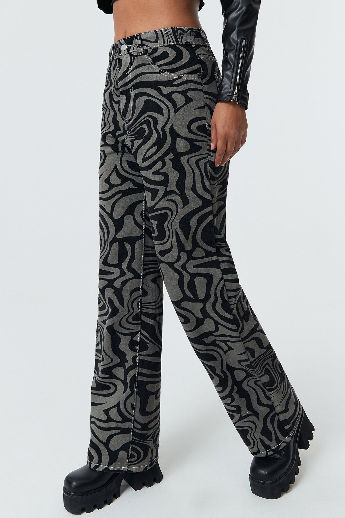 Wave Print High Waist Straight-leg Jeans