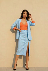 Striped Lapel Long Sleeve Blazer Split Bodycon Two Piece Set