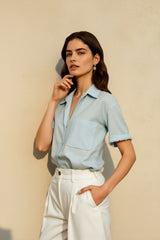 Linen French Deep V Short Blouse