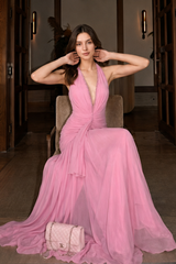 Sweet V Neck Halter Ruched Mesh Maxi Dress