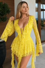 Lace Ruffle Tie Long Sleeve Mini Dress