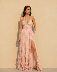 Elegant Floral Pearl Cami Flared Maxi Dress