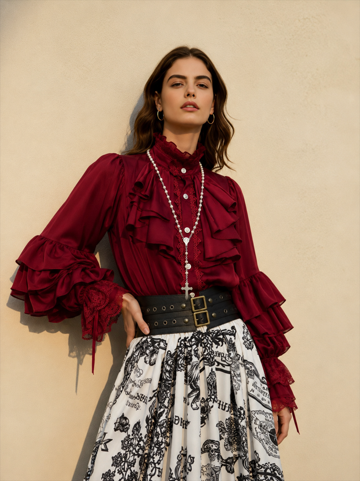 Dark Frill Batwing Sleeve Top