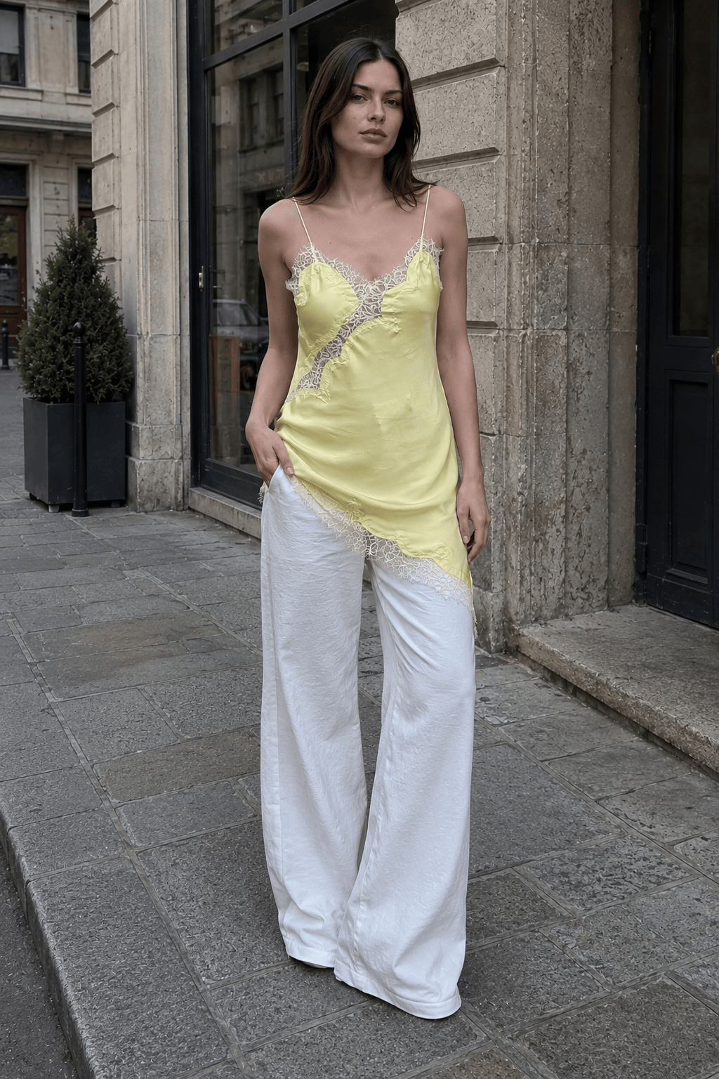 Lace Trim Patchwork Low Cut Asymmetrical Slit Cami Top