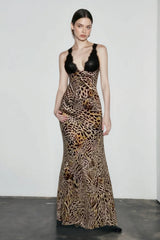 Leopard Print Lace Trimmed Maxi Dress