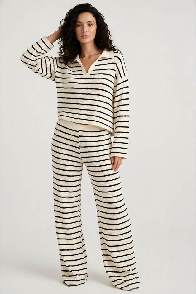 Striped Long Sleeve Pullover Wide Leg Two Piece Set