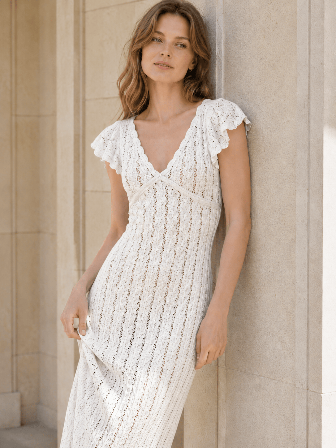 Ruffled Knit Backless V-Neck Boho Dress