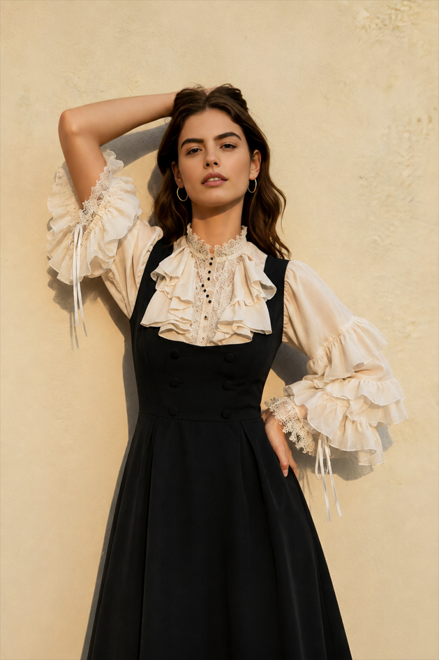 Dark Frill Batwing Sleeve Top