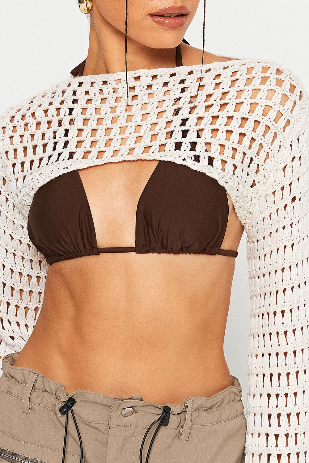Crochet Flared Sleeve Crop Smock Without Bra