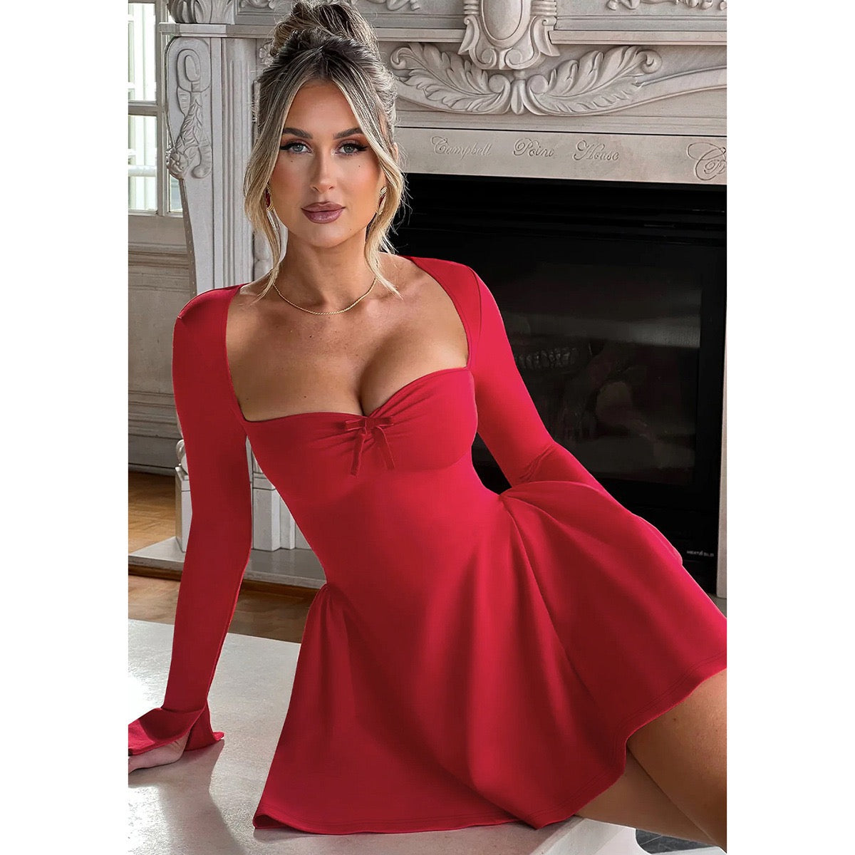 Long Sleeve Ruched Modal Cashmere Blend Mini Dress